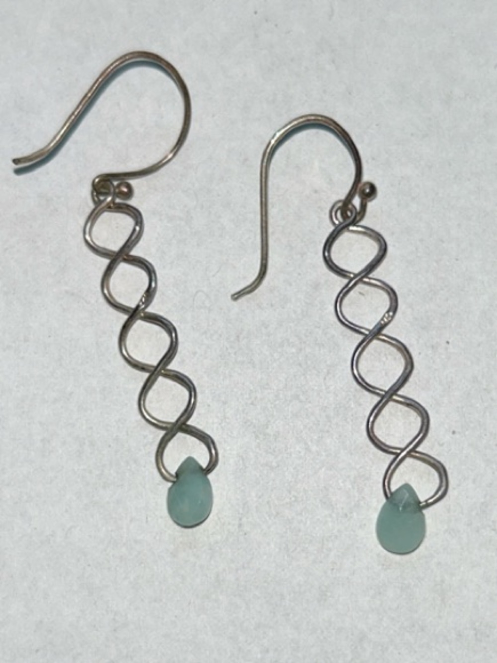 Delicate Silver Twist Drop Earrings with Seafoam Teardrop